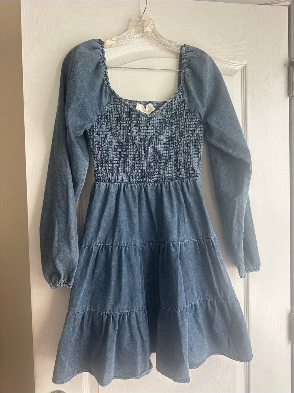 Smocked Puff-Sleeve Denim Dress in Blue NWT